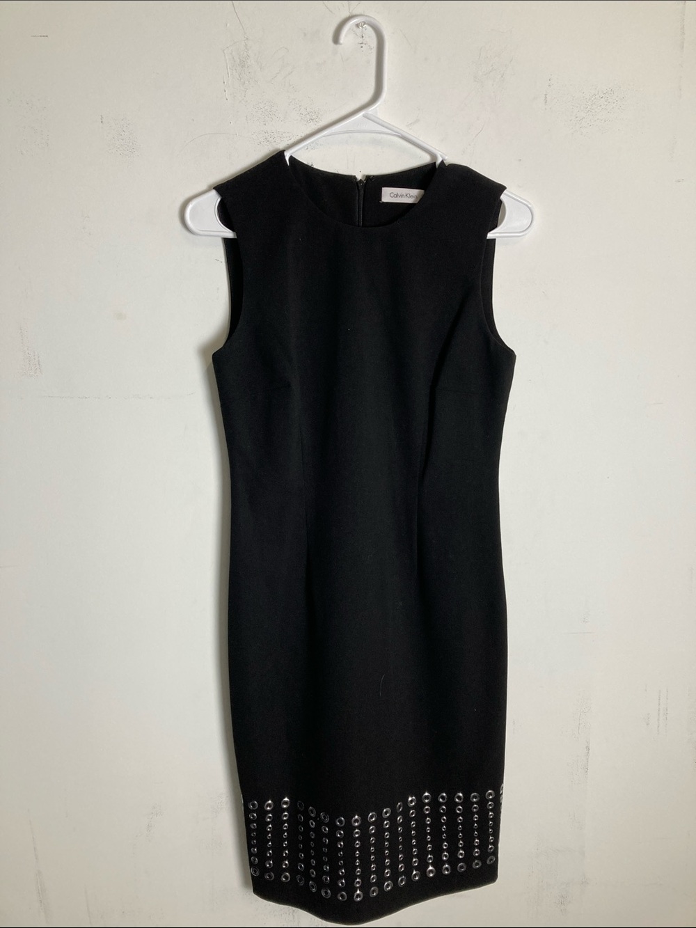 Calvin Klein Black Midi Sheath Dress with Hem Stud Accents